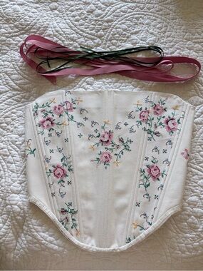 White Floral Embroidered Corset Top with Pink Roses